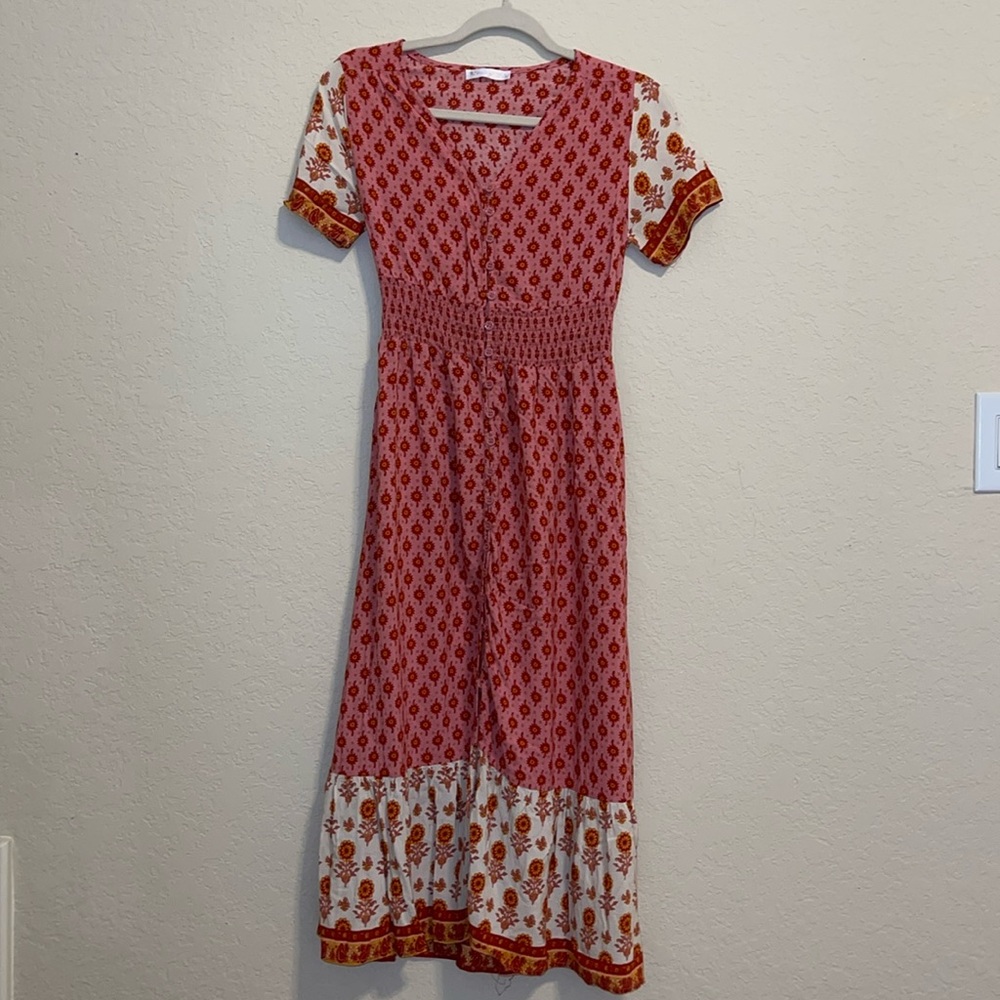 Red Floral Print Midi Dress with Contrast Hem